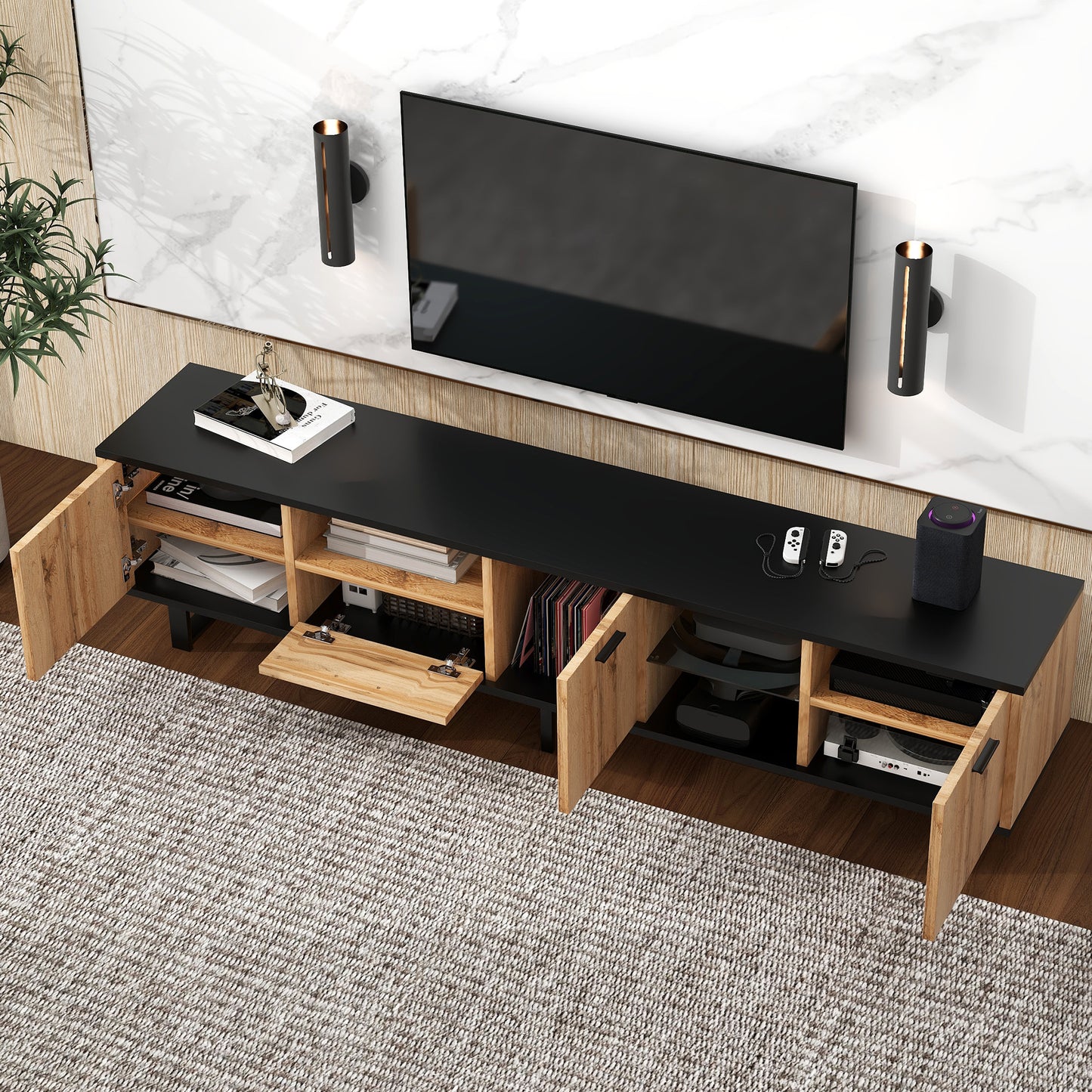 Modern TV Stand with 4 Cabinets& Open Shelves, Color-matching Media Console Table for TVs up to 80'', Entertainment Center with Drop Down Door for Living Room, Bedroom, Home Theatre