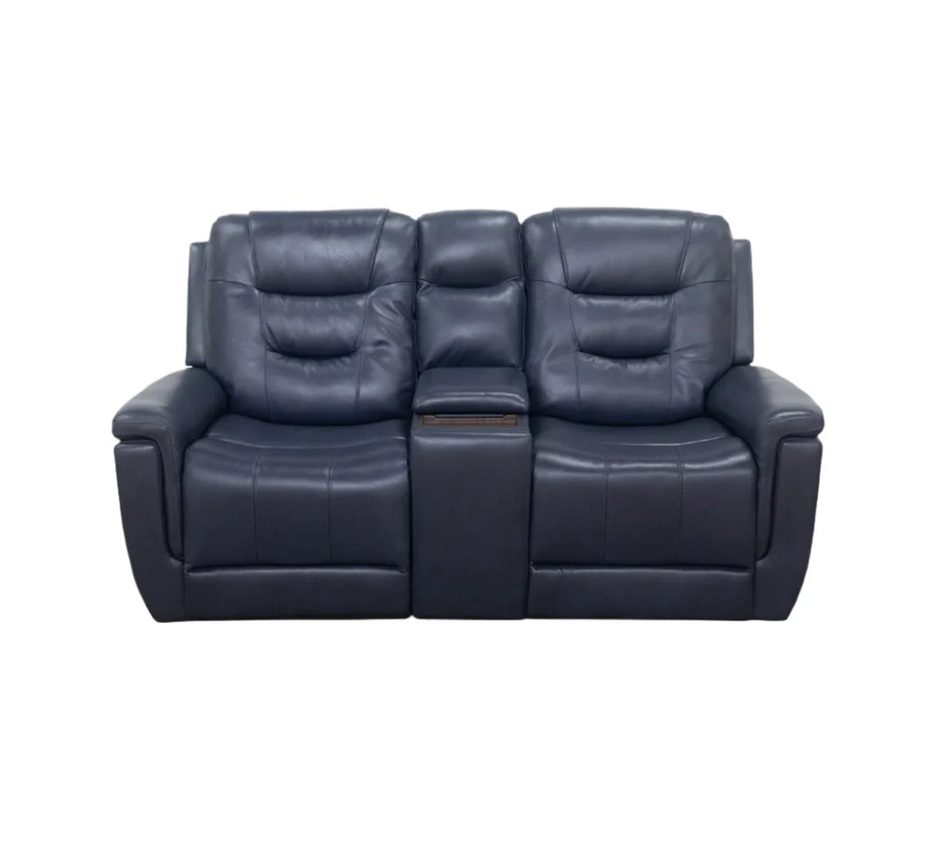 Navy Blue Leather Manual Reclining Sofa and Console USB Loveseat
