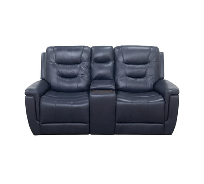 Navy Blue Leather Manual Reclining Sofa and Console USB Loveseat