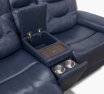 Navy Blue Leather Manual Reclining Sofa and Console USB Loveseat