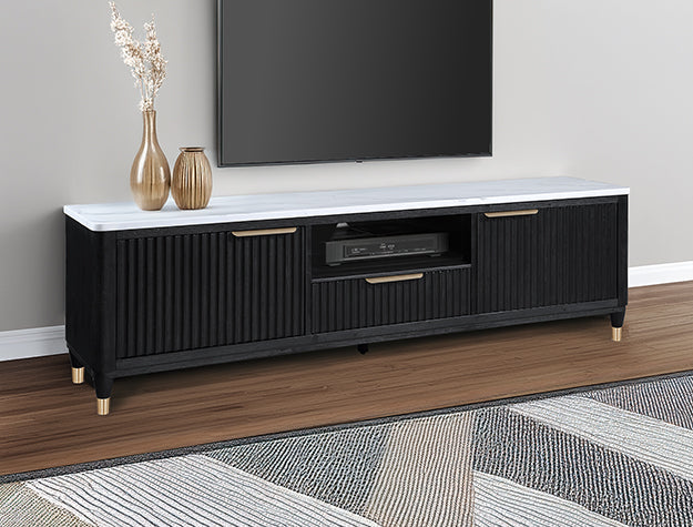 Black Fluted Wood with White Faux Marble TV Stand