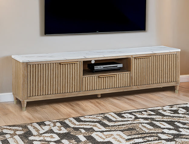 White Fluted Wood Faux Marble TV Stand