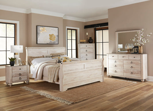 White Wash Plank Sleigh Queen Bedroom Set