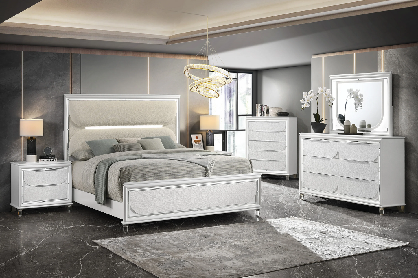 Eden White and Silver LED Upholstered King Size 7 pc. Bedroom Set