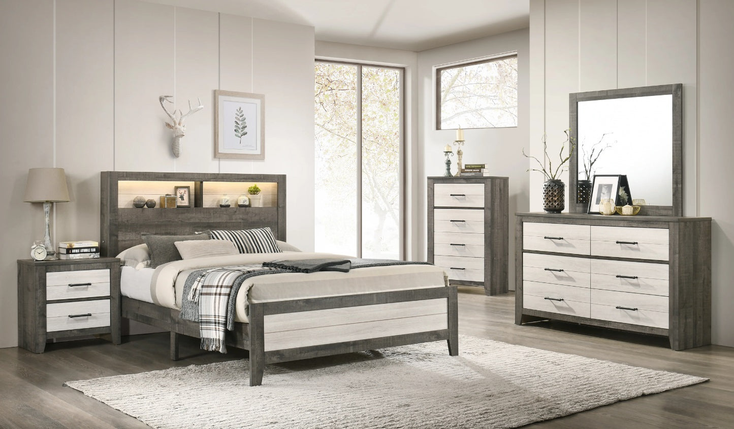 Lighted Bookcase Gray and Driftwood White Queen Bedroom Set