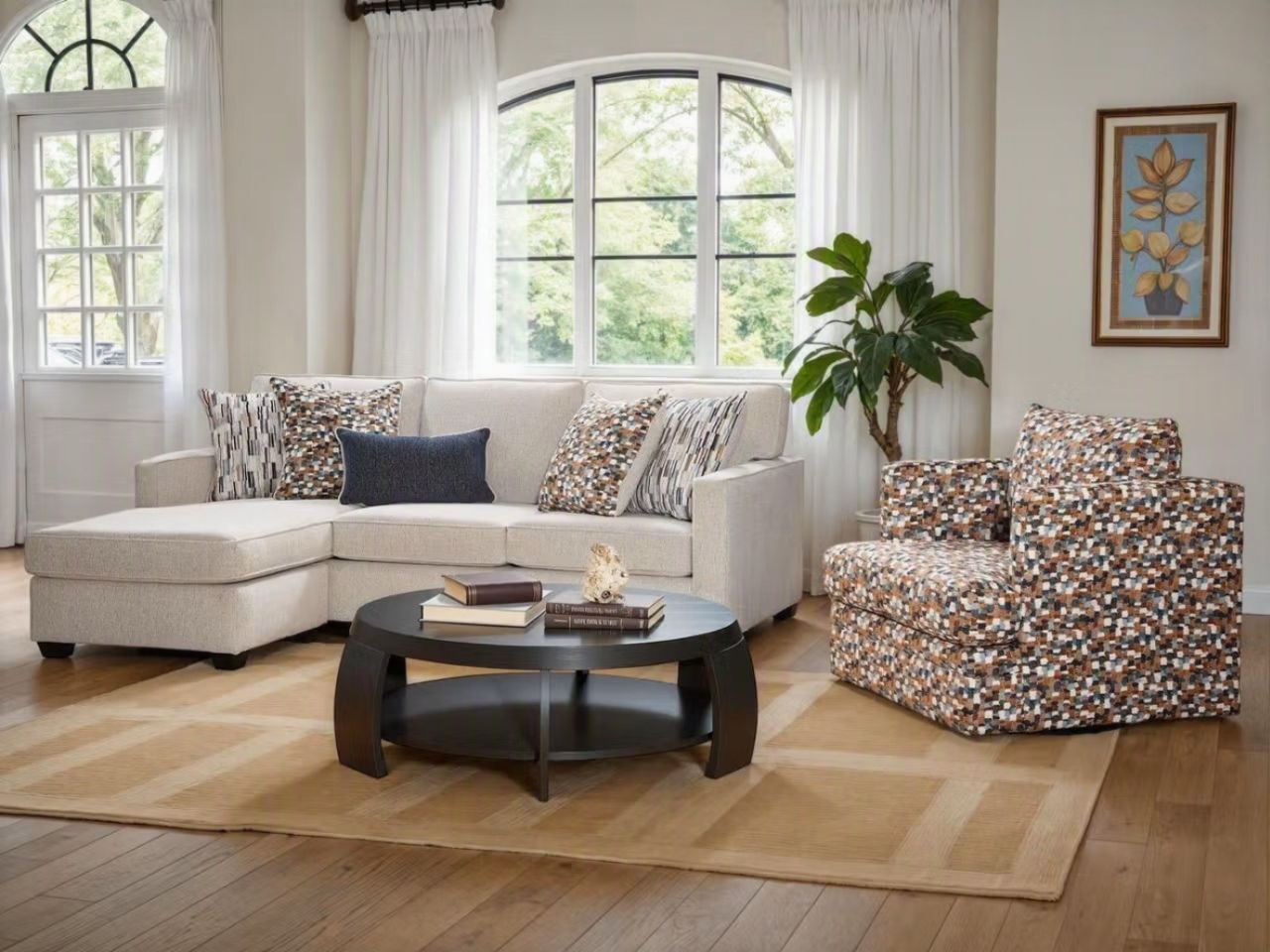 Cashmere Beige Reversible Chaise Sofa with Pillows