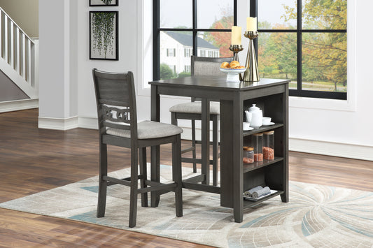 Gray Book Shelf Table with Two Bar Chairs