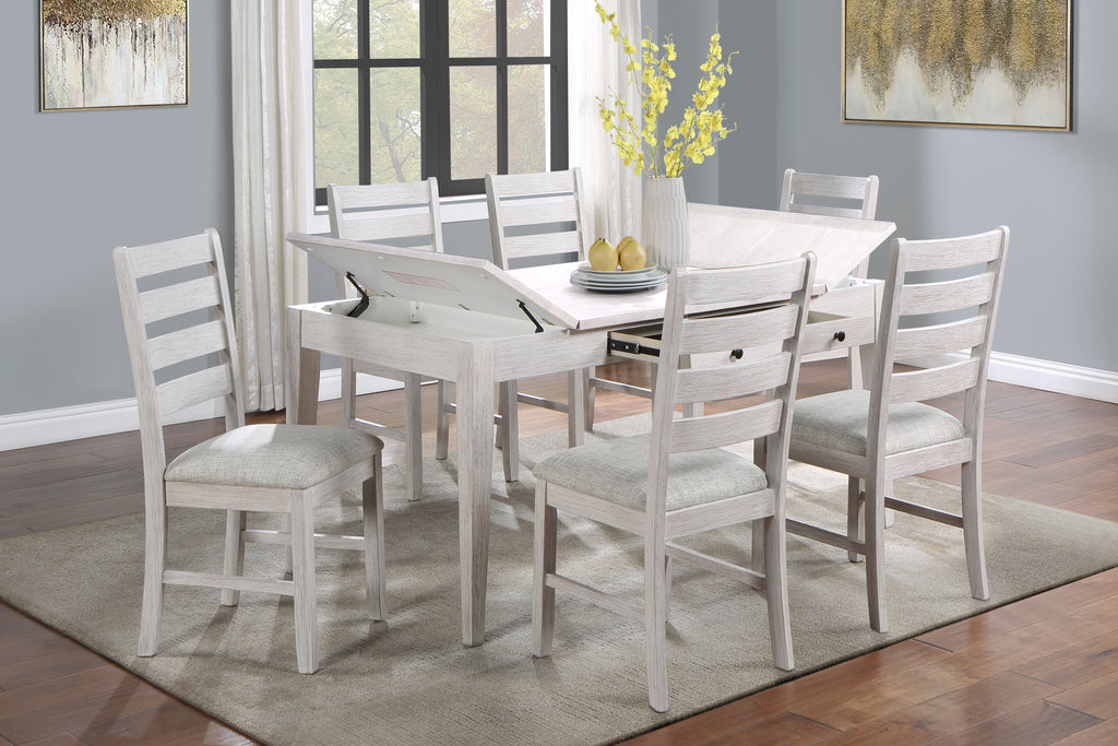 Echo Whitewash Lift Top Storage Dining Table and Six Chairs