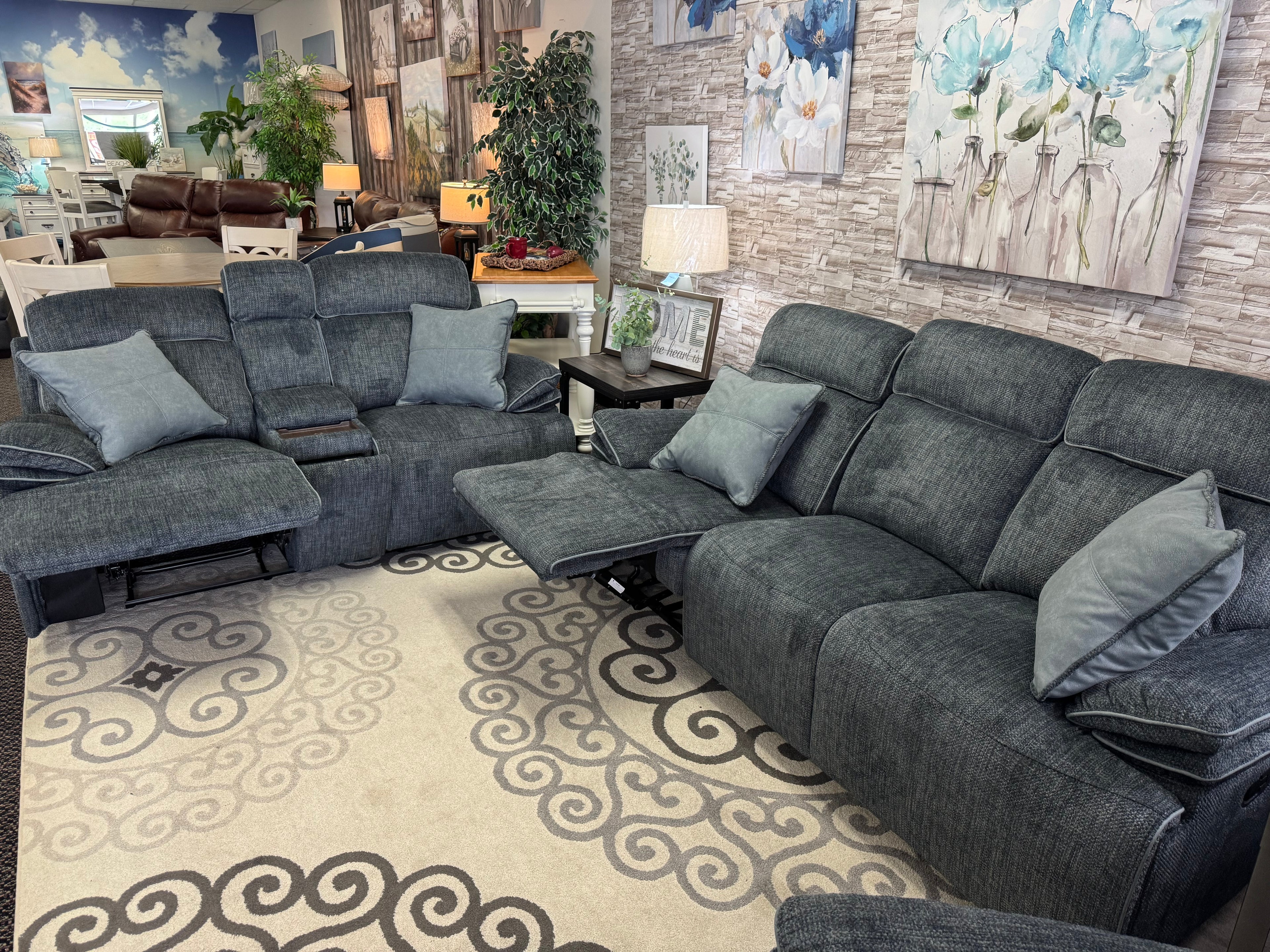Thunder Blue-Gray Reclining Sofa and Wireless Charging Console Loveseat