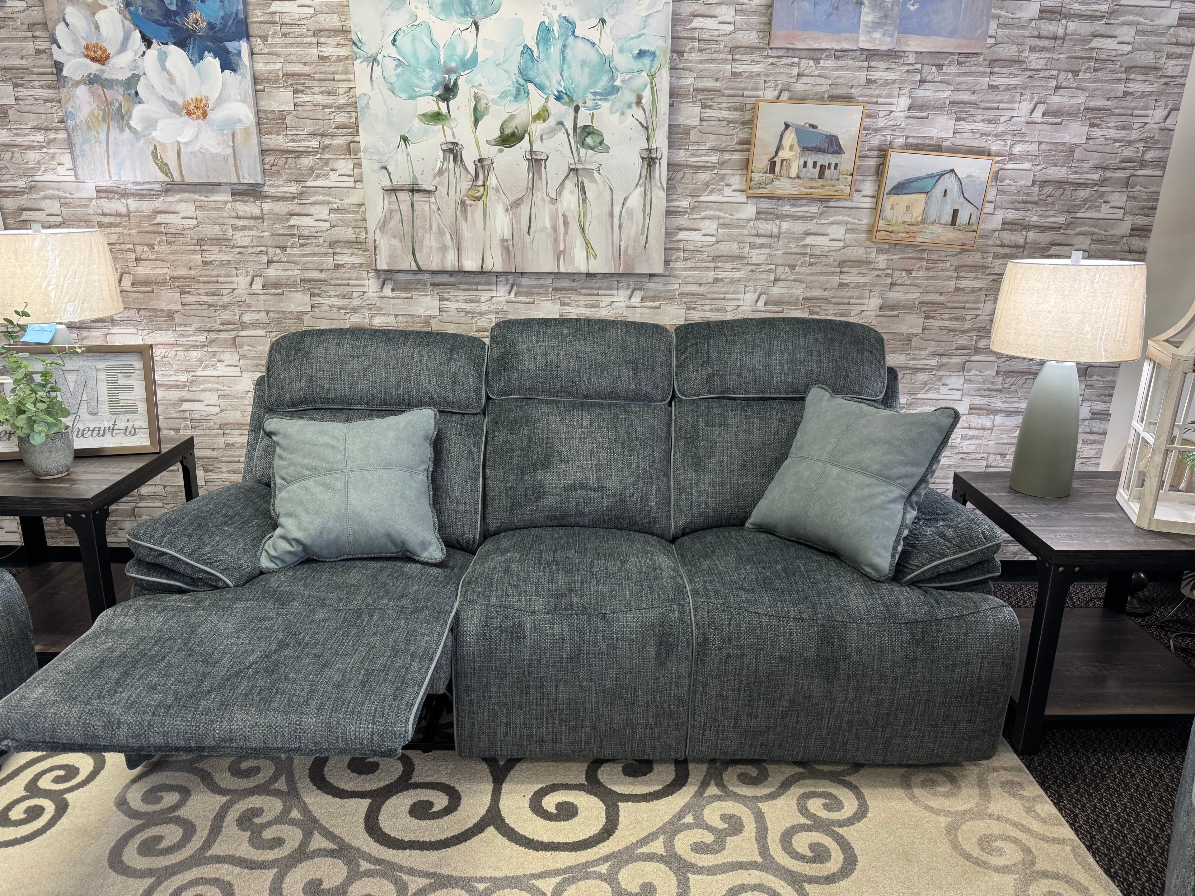 Thunder Blue-Gray Reclining Sofa and Wireless Charging Console Loveseat