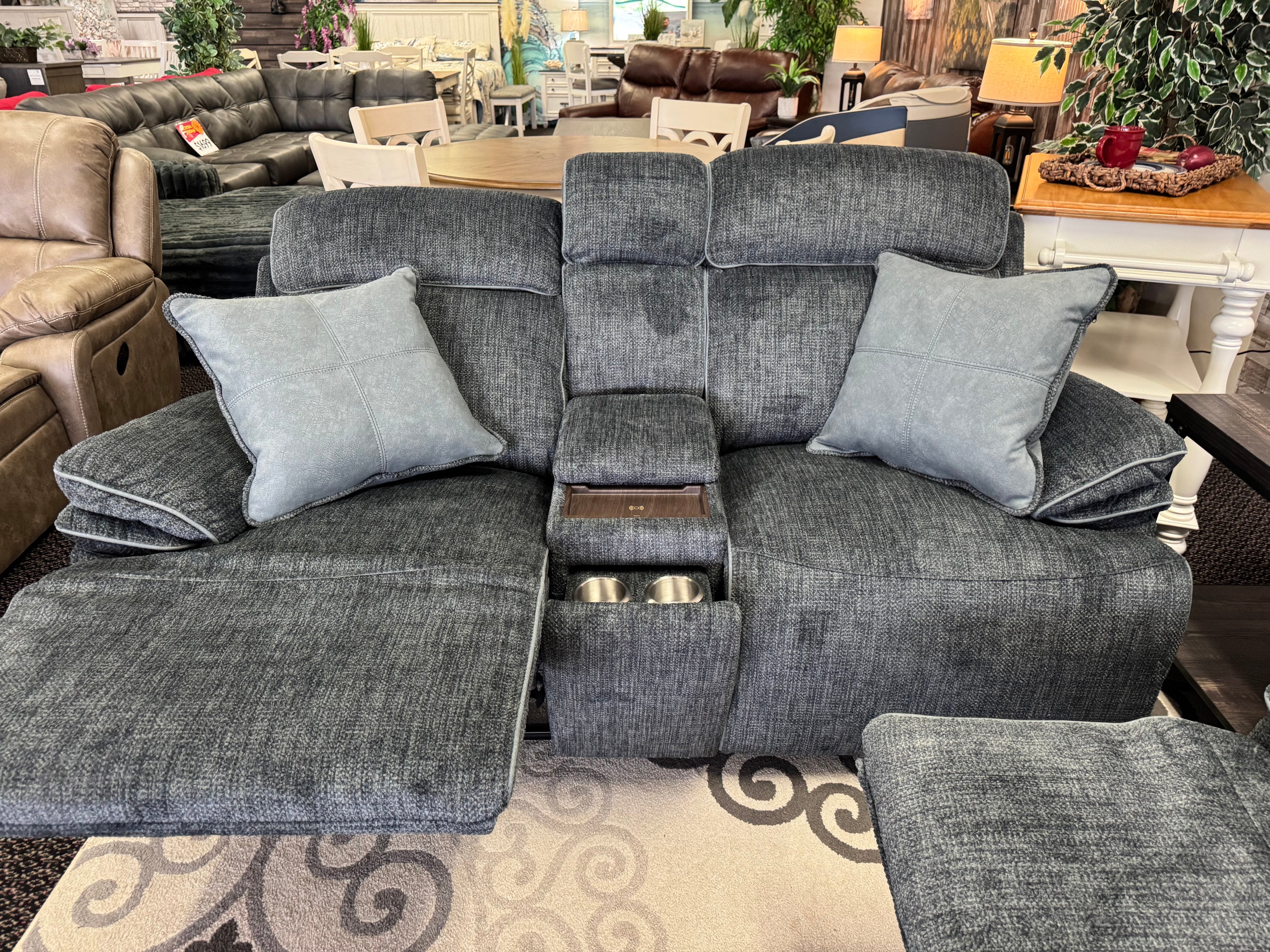 Thunder Blue-Gray Reclining Sofa and Wireless Charging Console Loveseat