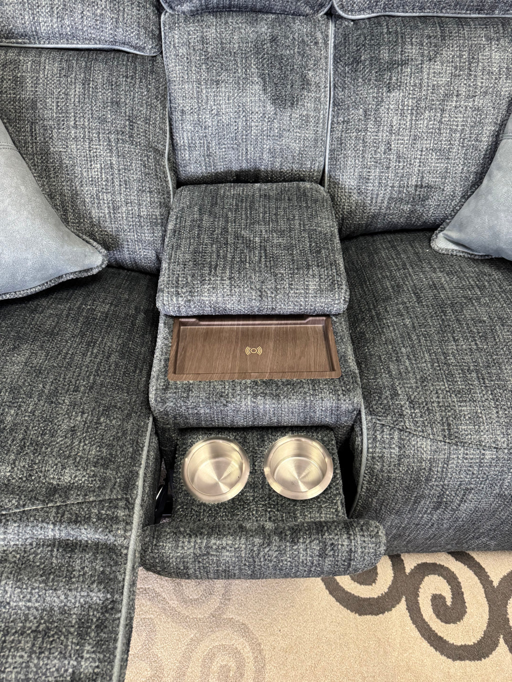 Thunder Blue-Gray Reclining Sofa and Wireless Charging Console Loveseat