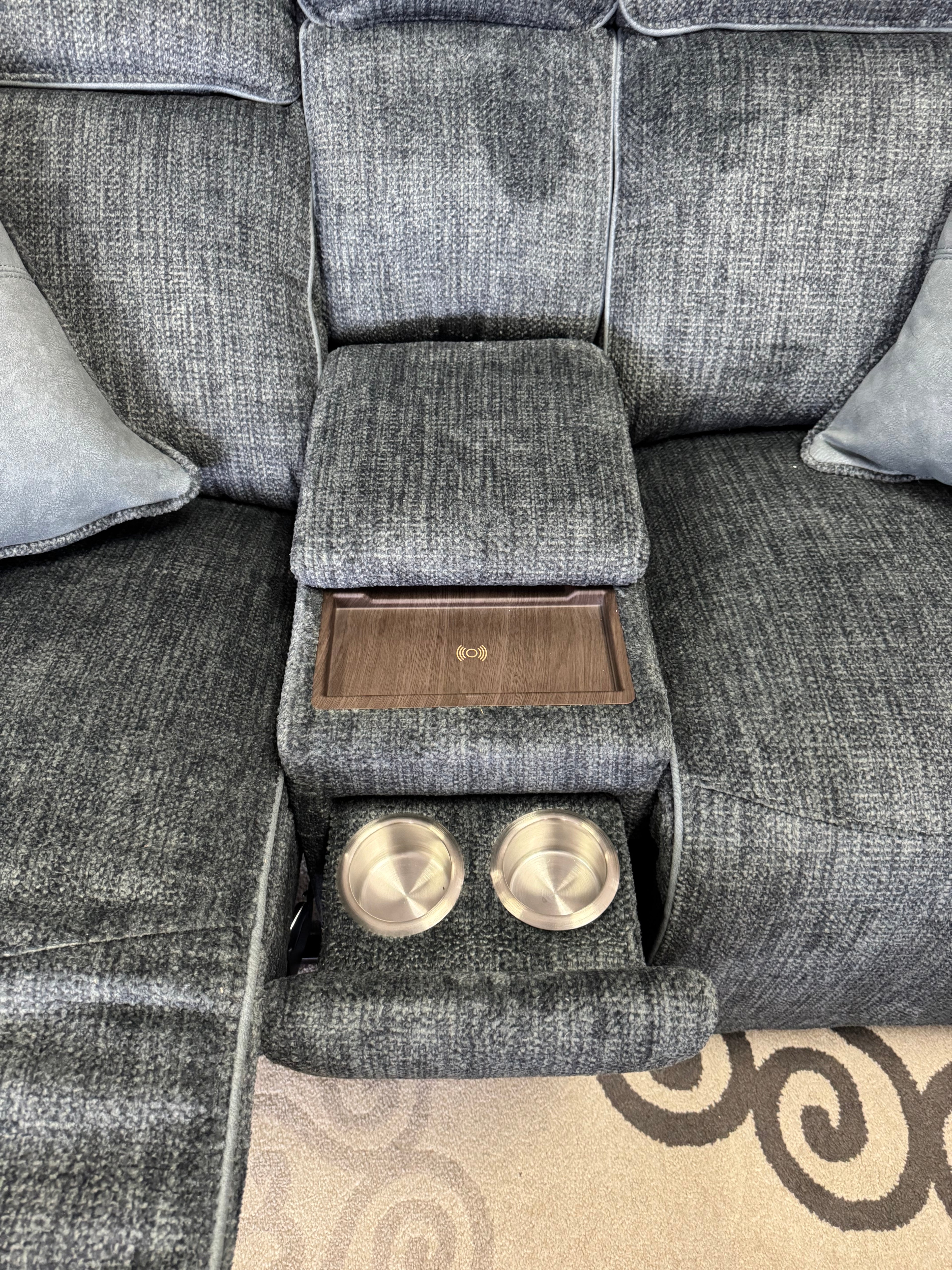 Thunder Blue-Gray Reclining Sofa and Wireless Charging Console Loveseat