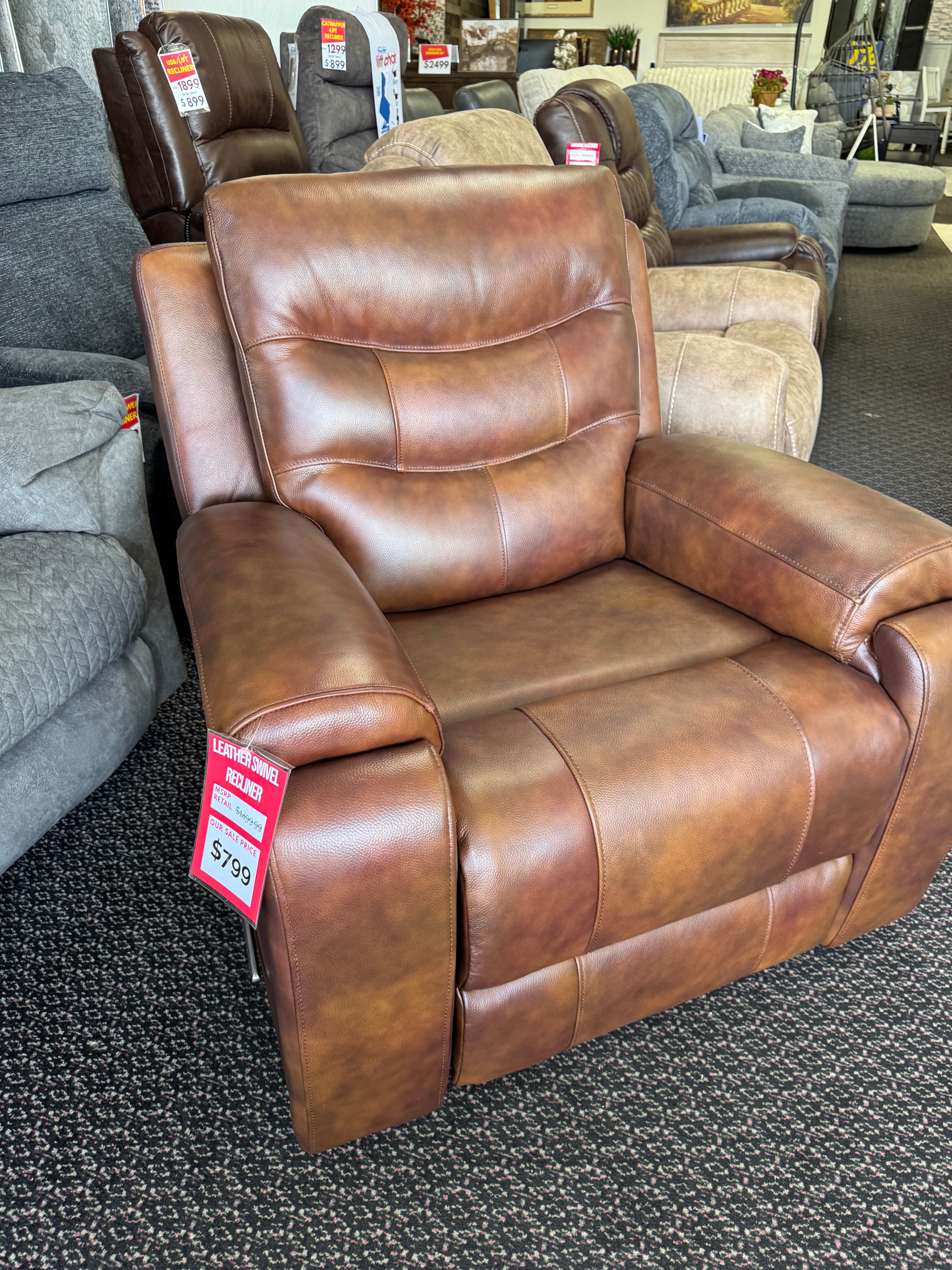 Walnut Italian Leather Swivel Recliner with Hidden Cup Holders