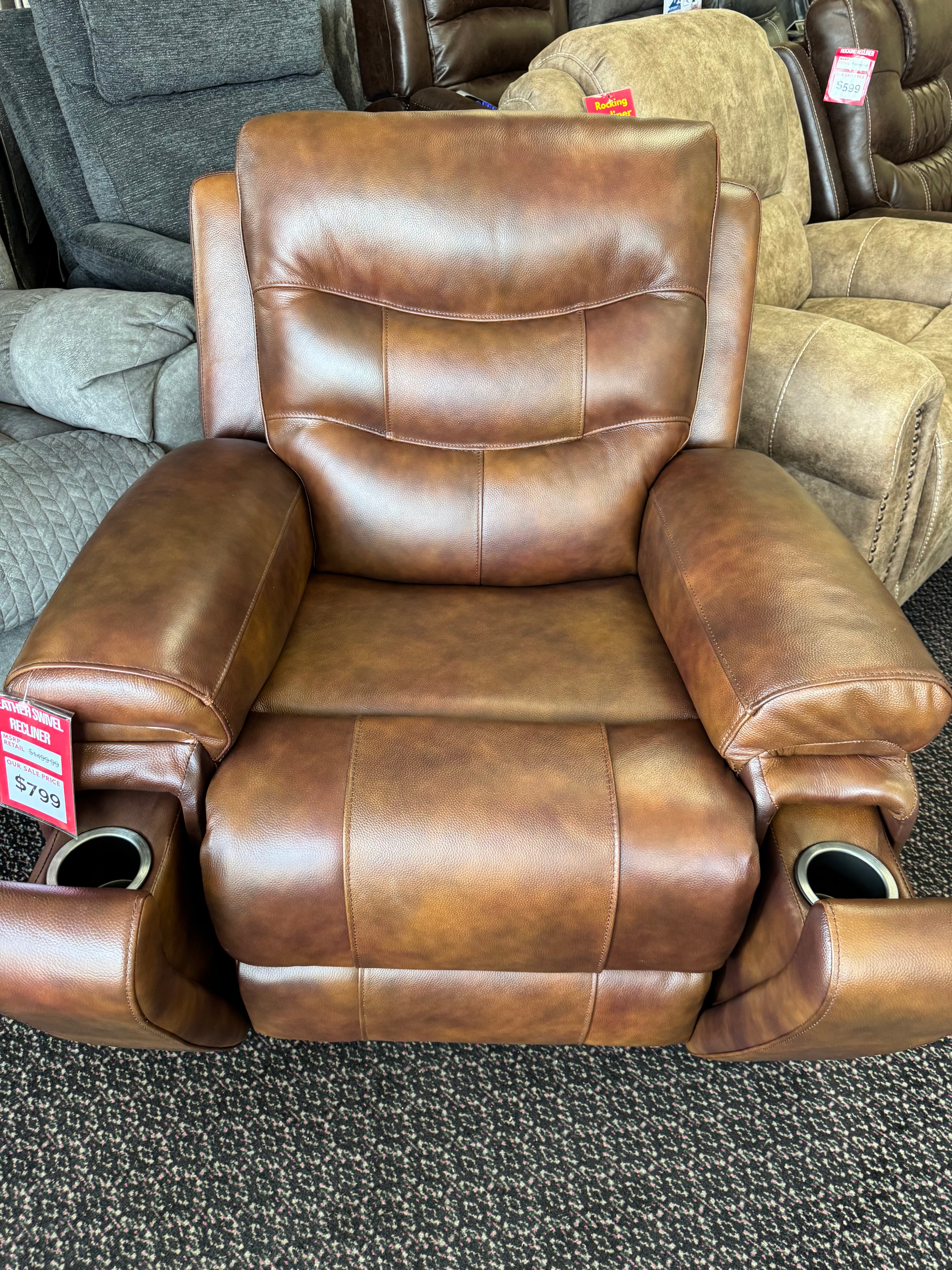Walnut Italian Leather Swivel Recliner with Hidden Cup Holders