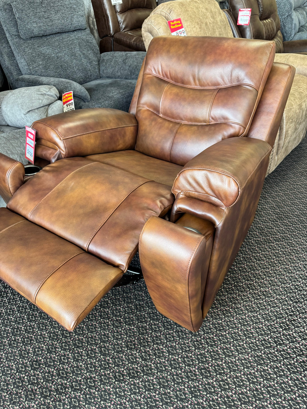 Walnut Italian Leather Swivel Recliner with Hidden Cup Holders