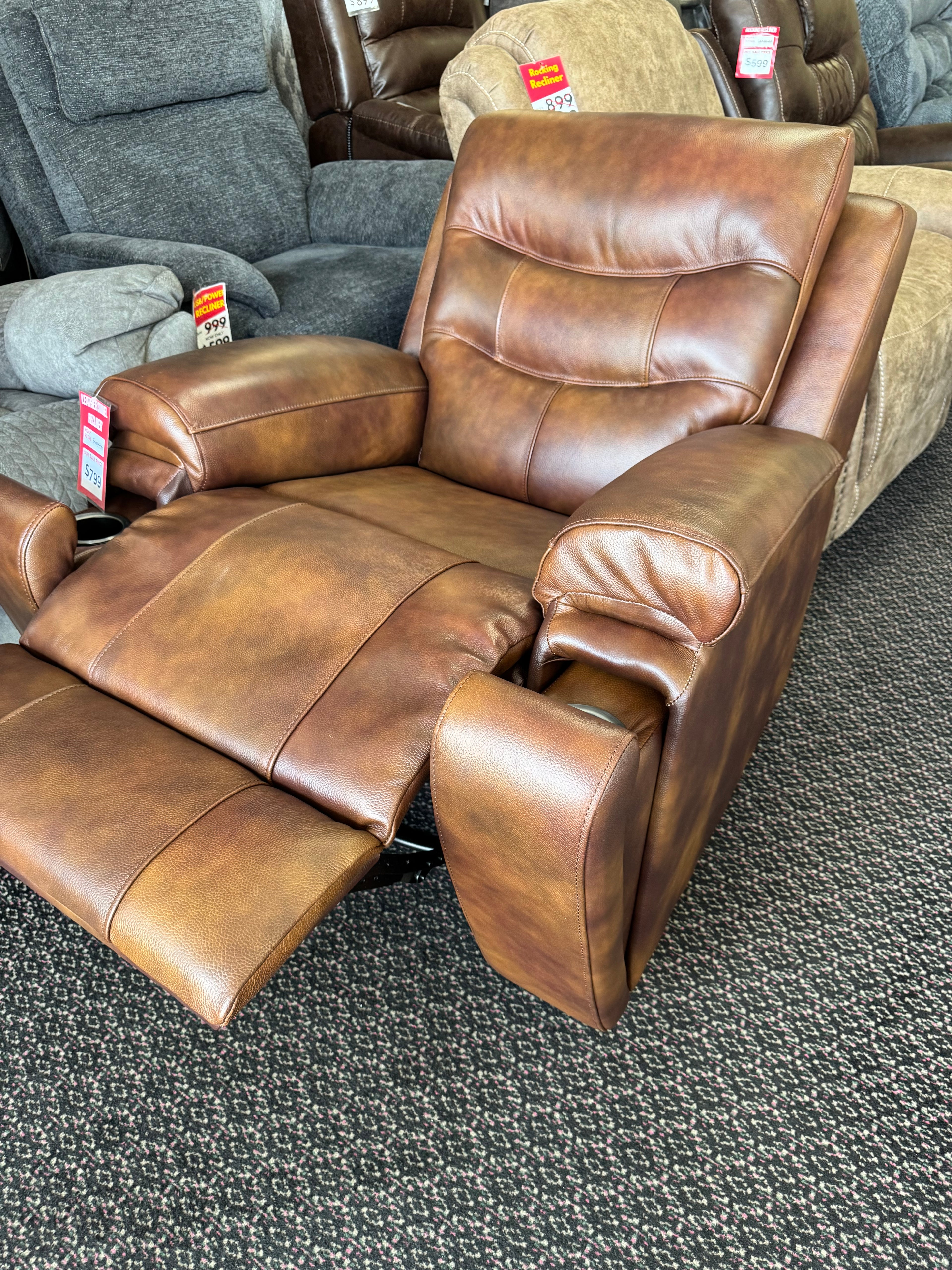 Walnut Italian Leather Swivel Recliner with Hidden Cup Holders