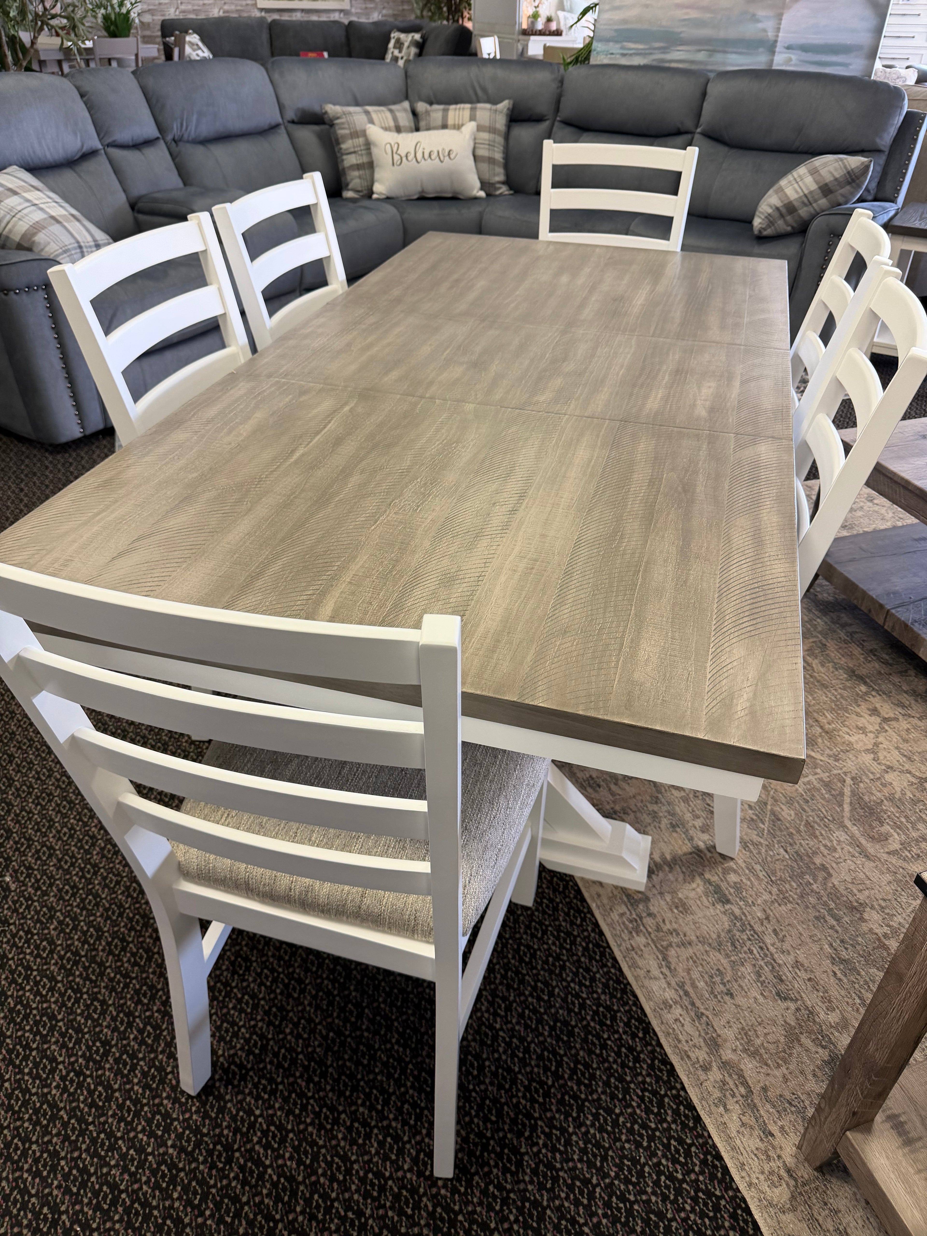Farmhouse Trestle White and Gray Dining Table with Six Ladderback Style Chairs