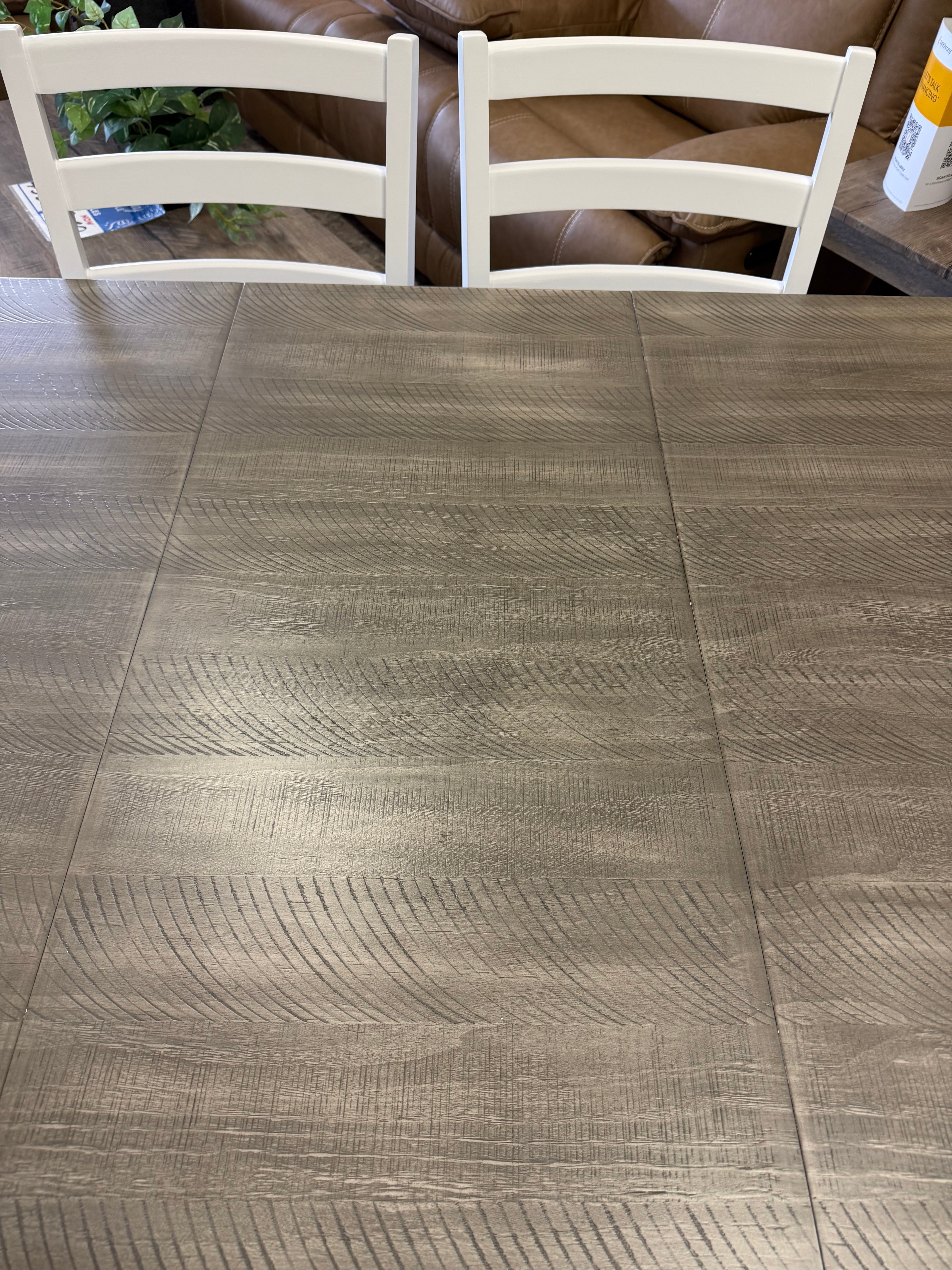 Farmhouse Trestle White and Gray Dining Table with Six Ladderback Style Chairs