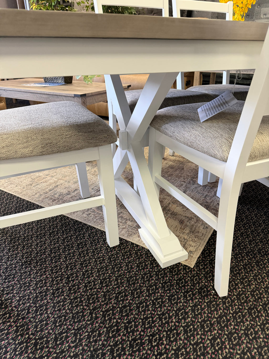 Farmhouse Trestle White and Gray Dining Table with Six Ladderback Style Chairs