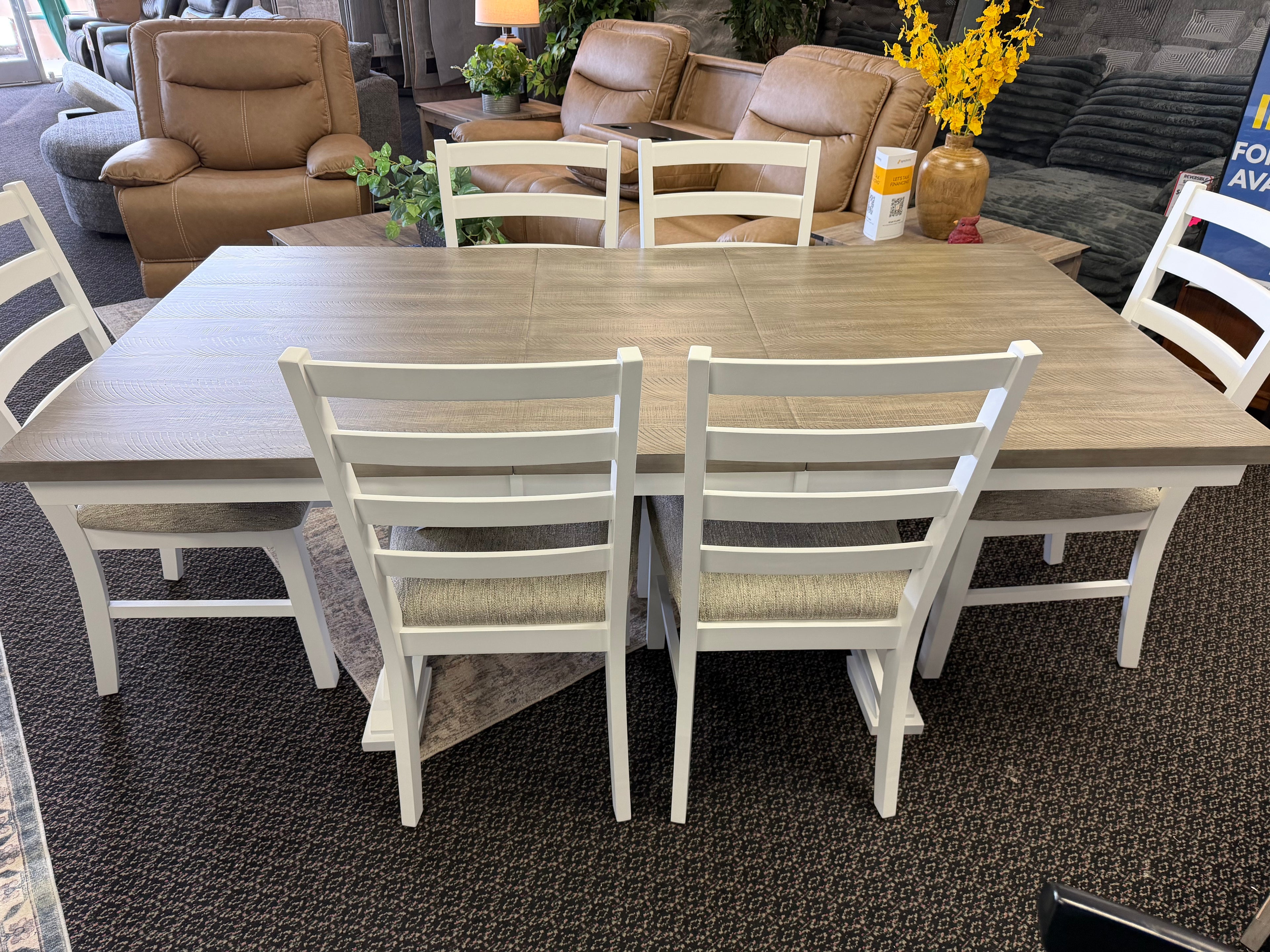 Farmhouse Trestle White and Gray Dining Table with Six Ladderback Style Chairs