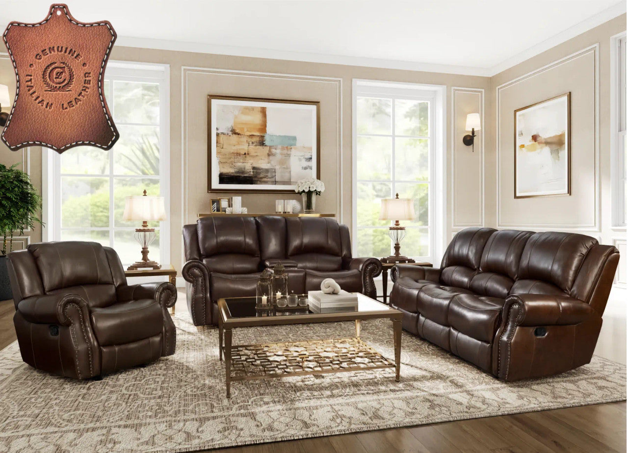 Italian Leather Ranger Chocolate Reclining Sofa and Console Reclining Loveseat