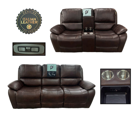 Italian Leather Fairmont Walnut Power Reclining Sofa and Loveseat