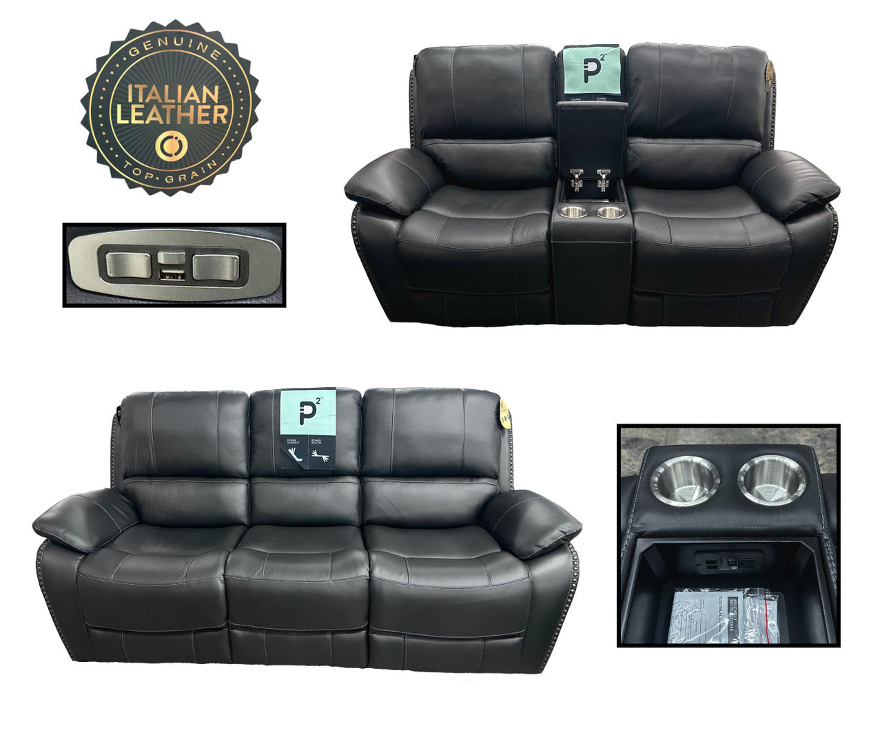 Italian Leather Charcoal Gray Power Reclining Sofa and Loveseat