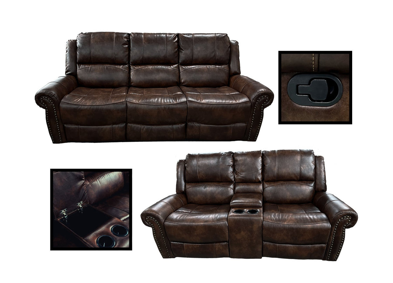 Walnut Designer Reclining Sofa and Console Storage Reclining Loveseat