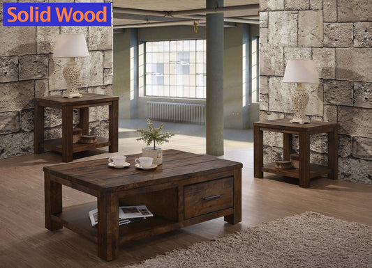Solid Wood Rustic Storage Coffee Table Set