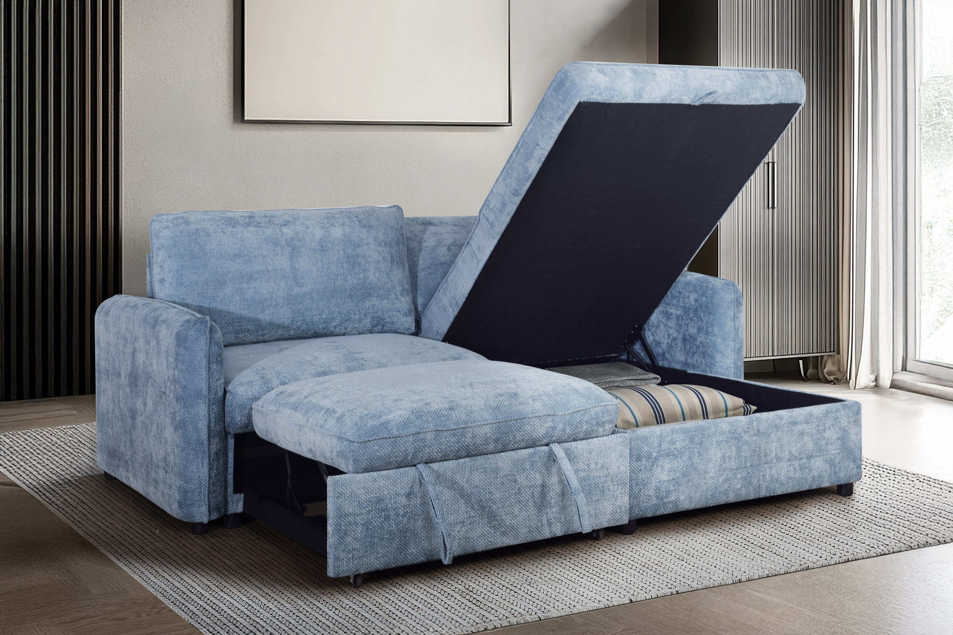 Blue Pop-Up Sleeper Sofa with Storage Chaise