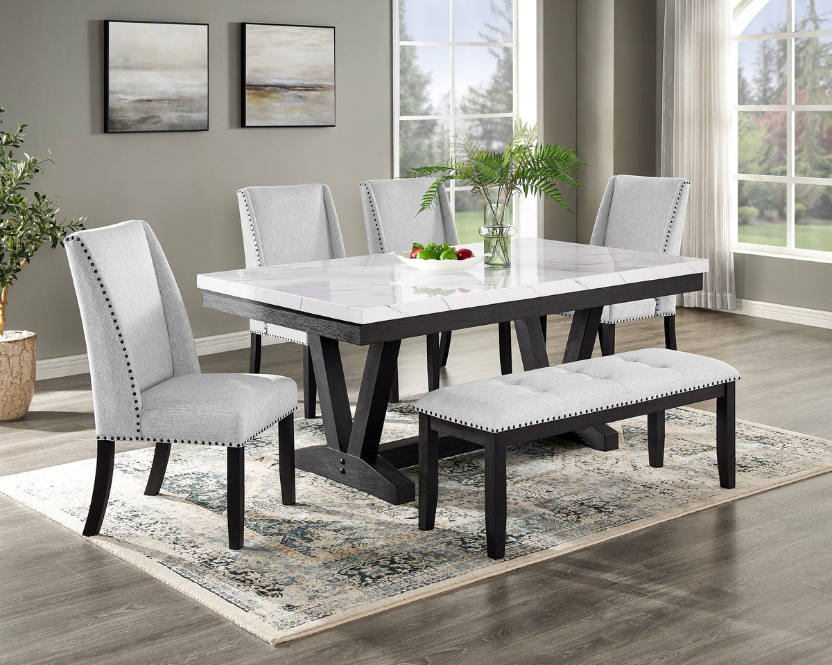 Genuine White Marble Top Dining Room Table with Four Chairs and Bench