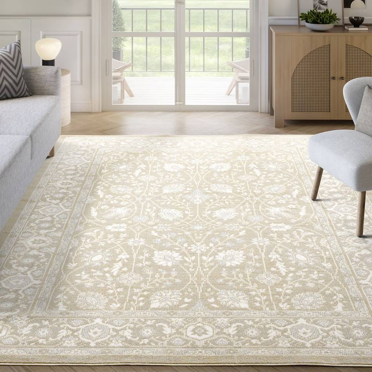 Dalia Floral Oriental Sand Indoor Outdoor Rug: 5'3" x 7'6"