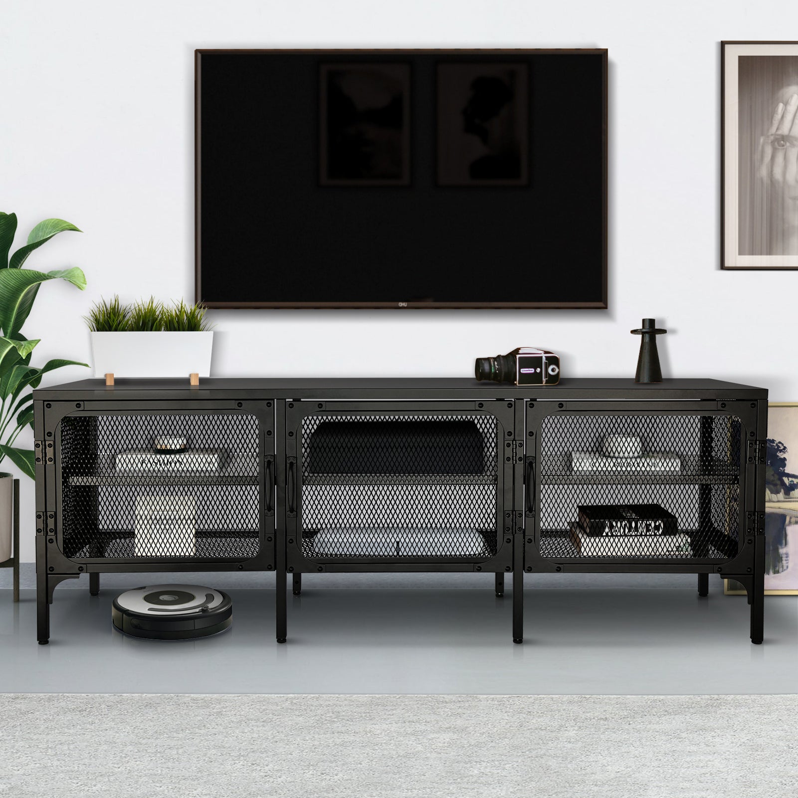 Metal TV Stand Entertainment Center Cabinet TV Console Table with 3 Metal Mesh Doors 2-Tier Storage Shelves for Living Room Frosted Black