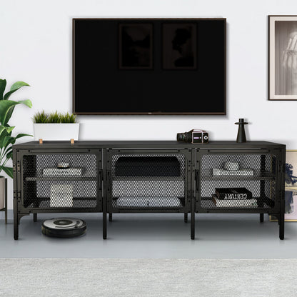 Metal TV Stand Entertainment Center Cabinet TV Console Table with 3 Metal Mesh Doors 2-Tier Storage Shelves for Living Room Frosted Black