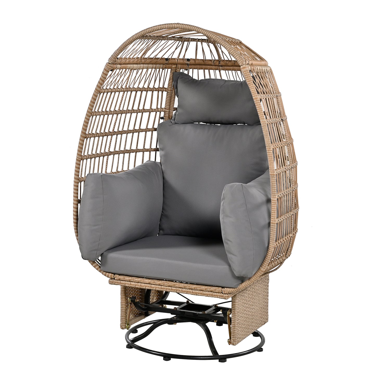 TREXM Outdoor Swivel Chair with Cushions, Rattan Egg Patio Chair with Rocking Function for Balcony, Poolside and Garden (Natural Wicker + Grey Cushion)