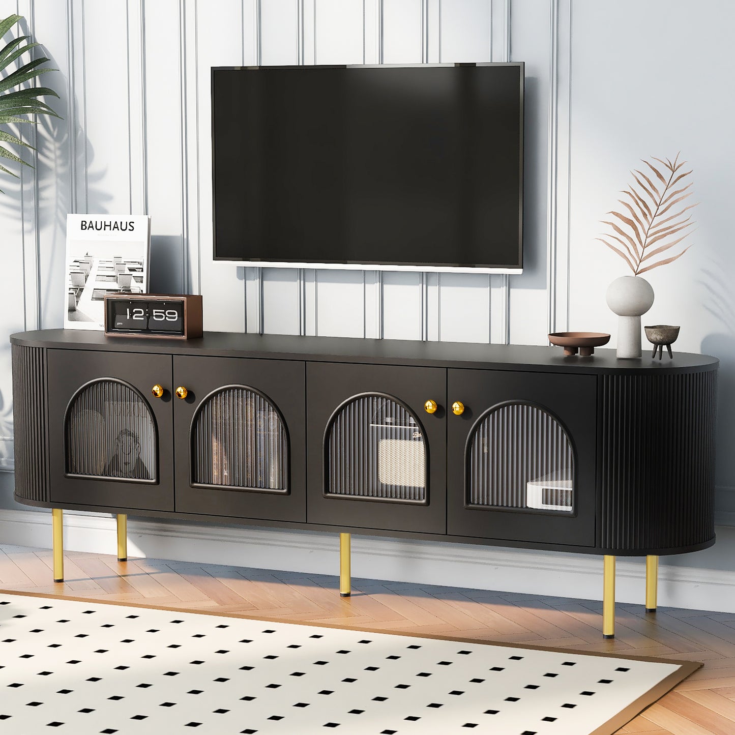 Modern TV Stand for TVs up to 80 Inches, Entertainment Center with 4 Cabinets, Wood Media Console with Metal Legs and Handles for Living room, Black