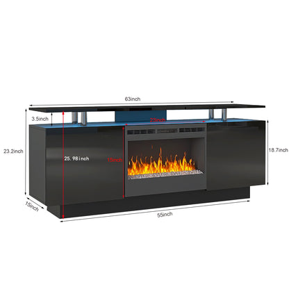 Black 160CM large TV cabinet with fireplace can heating change color 9 models 8 levels have LED Light