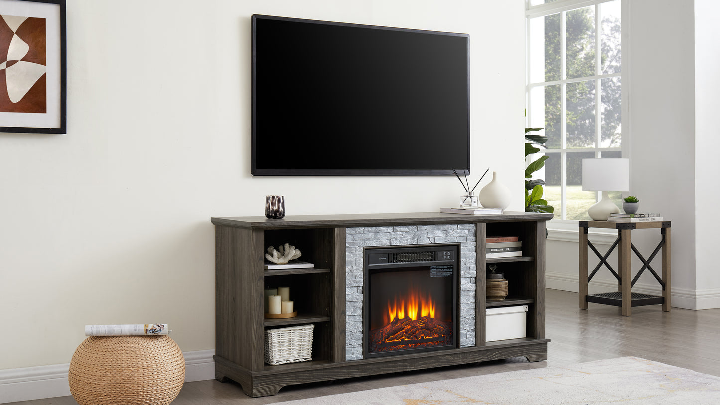 Mantel Electric Fireplace Stone TV Media Stand with Faux Stacked Stone Surround, Modern Entertainment Console with Open Storage Space with 18" Fireplace Insert ,Grey, 58.31"W*15.39"D*26.06"H