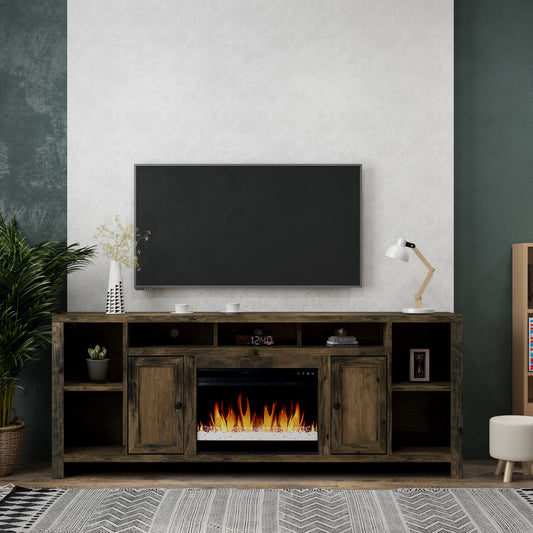 Bridgevine Home Joshua Creek 84 inch Electric Fireplace TV Stand for TVs up to 95 inches, Minimal Assembly, Barnwood Finish