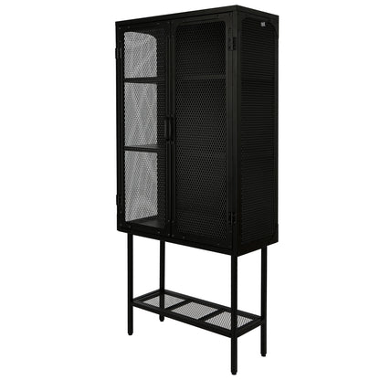 Industrial Cabinet Cupboard with 2 Metal Mesh Doors Adjustable Shelves and Feet Bottom Shelf Anti-Tip Dust-free Kitchen Credenza Sideboard Black