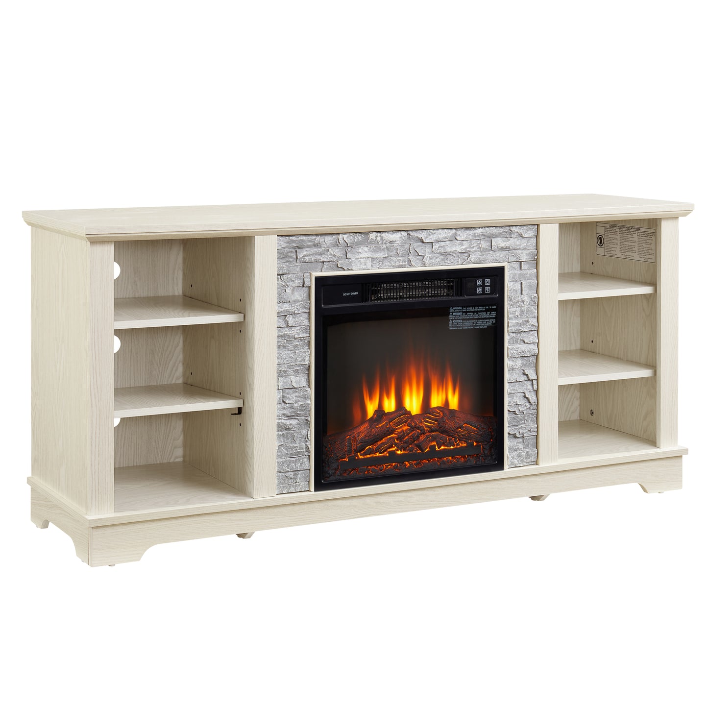 Mantel Electric Fireplace Stone TV Media Stand, Open Storage Modern Entertainment Console  Space with 18" Fireplace Insert, White, 58.31"W*15.39"D*26.06"H