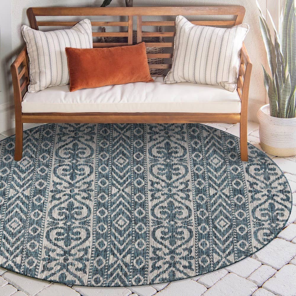 Sylvestra Geometric Blue/Green Indoor/Outdoor Area Rug: Ivory/Teal / 5' x 8'