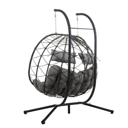 2 Persons Egg Chair with Stand Indoor Outdoor Swing Chair Patio Wicker Hanging Egg Chair Hanging Basket Chair with Stand for Bedroom Living Room Balcony