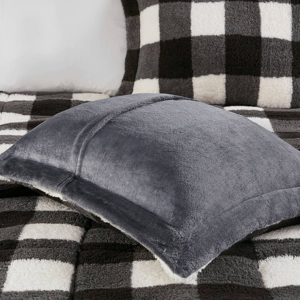 Sherpa Black & White Buffalo Check 3-Piece Queen Size Comforter Set