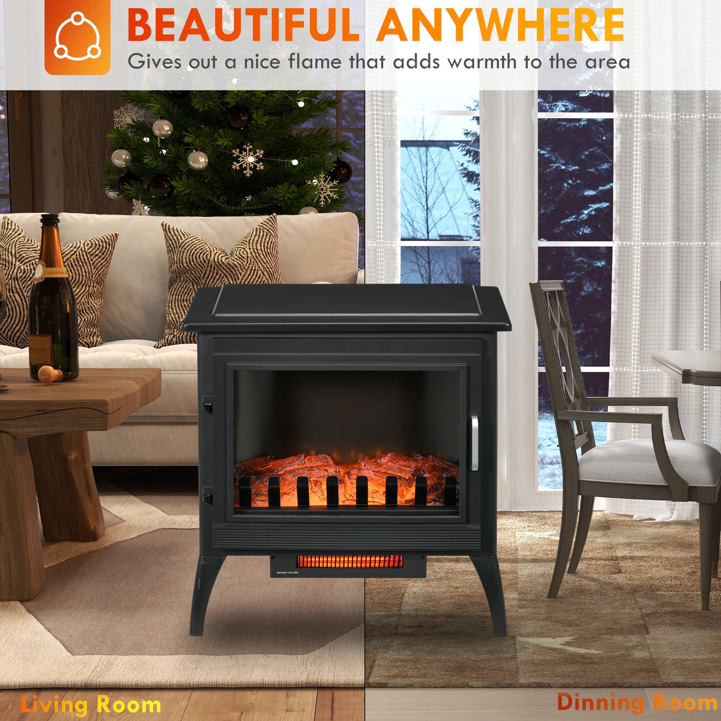 24" Electric Fireplace Stove, Freestanding Infrared Fire Place Heater with Realistic Logs Flame, Adjustable Temperature, Overheat Protection, 1000W/1500W, Black