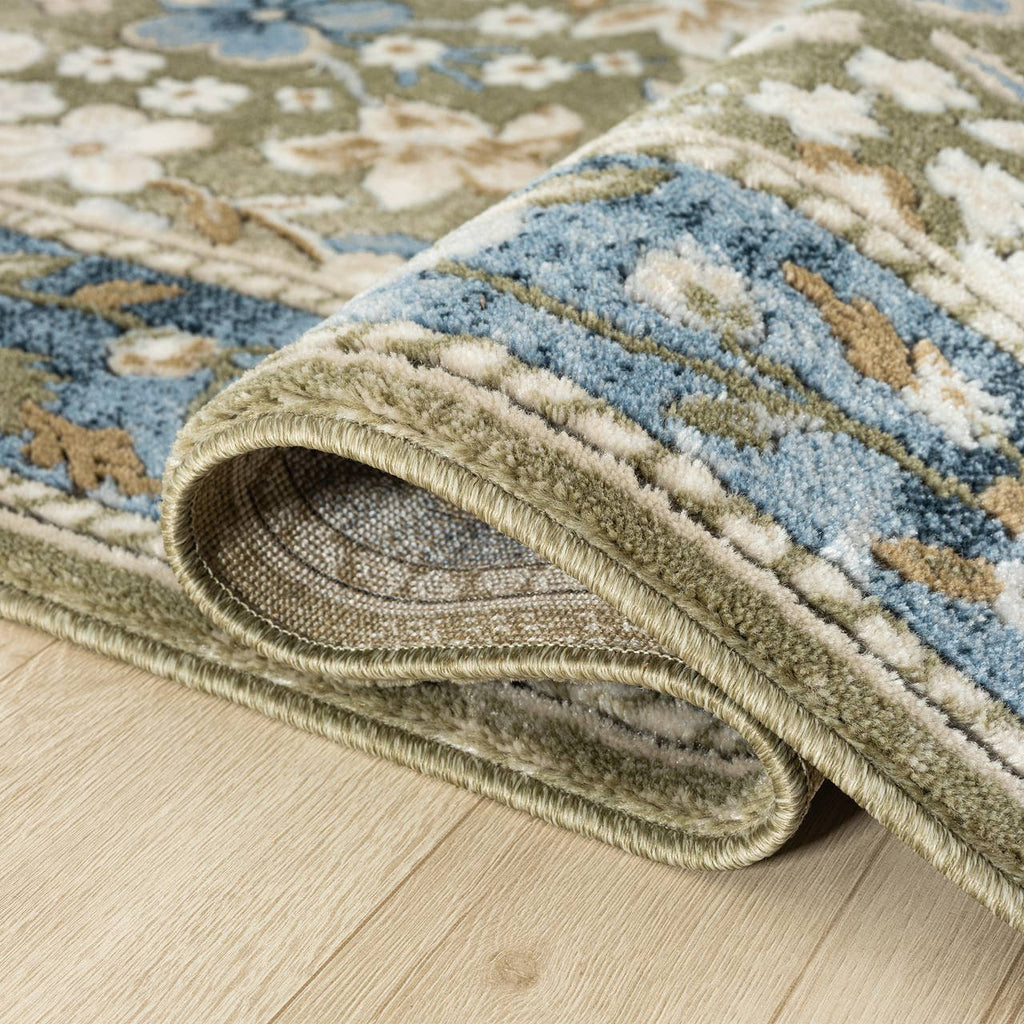 Savoy Traditional Blue Beige Botanical Floral Vintage Rug: 5'3" x 7'6"