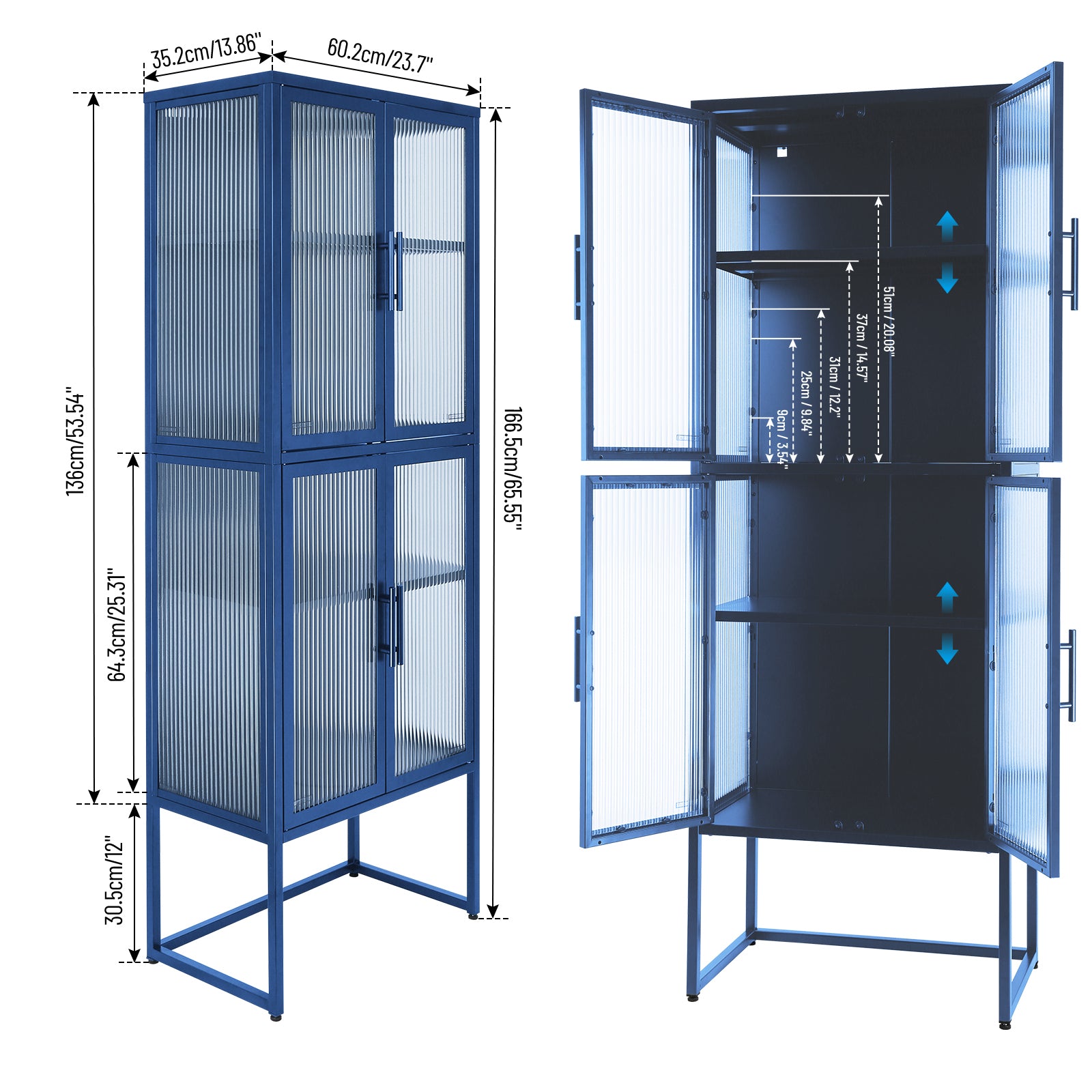 Stylish 4-Door Tempered Glass Cabinet with 4 Glass Doors Adjustable Shelves U-Shaped Leg Anti-Tip Dust-free Fluted Glass Kitchen Credenza Blue