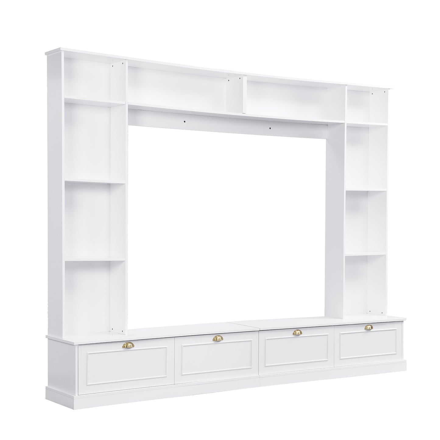 ON-TREND Large Wall Unit Entertainment Center with Bookshelves for TVs Up to 78'', Modern TV Console with Cabinets and Open Shelves, 4-in-1 TV Stand with Golden Handles, White, 104.2''W*81.2''H