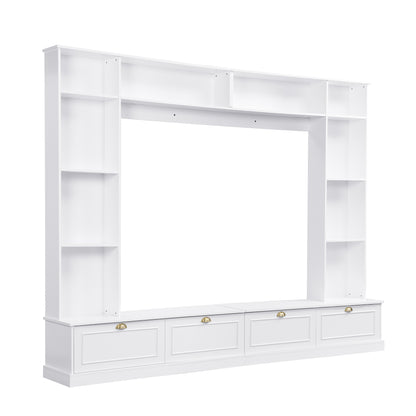 ON-TREND Large Wall Unit Entertainment Center with Bookshelves for TVs Up to 78'', Modern TV Console with Cabinets and Open Shelves, 4-in-1 TV Stand with Golden Handles, White, 104.2''W*81.2''H